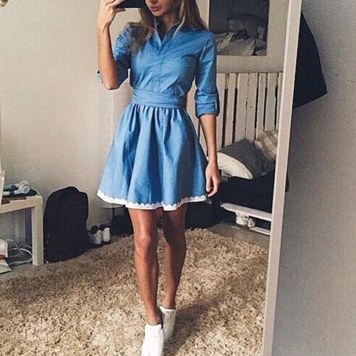 Fashion Summer Women V Neck Lace Button Half Sleeve Casual Swing Denim Dress new