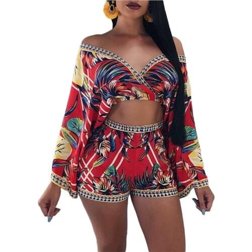 Fashion sexy womens shorts suit printed deep V-neck