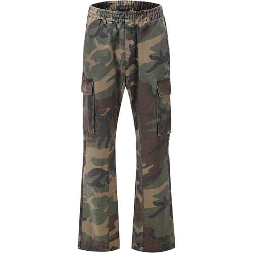Harajuku Mens Overalls Camouflage Casual Trumpet Trousers Loose Multi-pocket Streetwear Denim Pants Hip Hop Flare Pants