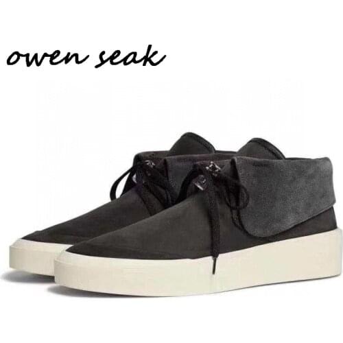 Owen Seak Men Casual Shoes High-TOP Ankle Boots Leather Sneaker Luxury Trainers High Street Lace-up Autumn Flat Black Shoes