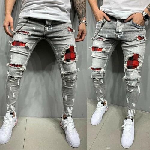 2021 Men Patchwork Jeans Solid Color Skinny Fit Ripped Jeans Casual Elastic Waist Skinny Jeans Stretch Denim Pants Streetwear