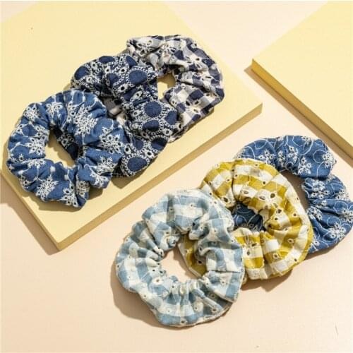 New Hollow Out Blue Denim Hair Scrunchies Embroidery Flower Cotton Hair Tie Elastic Rubber Band Headband Vintage Style For Women