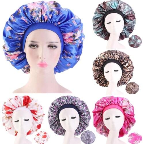 Extra Large Satin Women Floral Print Bannet Sleep Night Cap Head Wrap Head Scarf Cover Wide Elastic Band Beanie Turban Chemo Hat