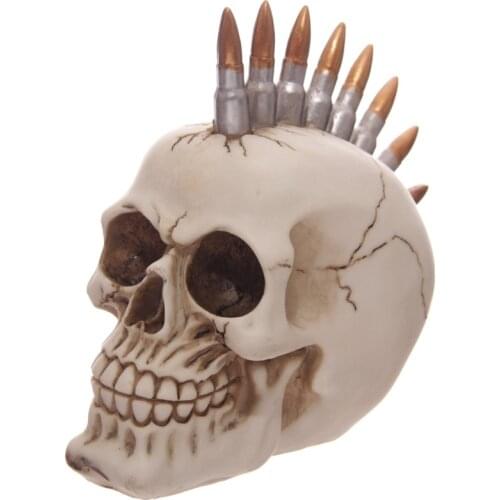 Bullet Head Skull Decoration Figurine Mohawk Skeleton Figure Mohican Punk Skull with Bullets Halloween Stylish Haircut Ghost