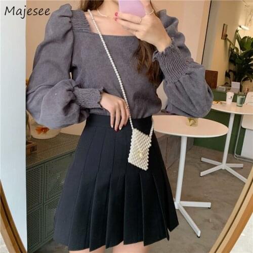Shirts Women Autumn Plus Size 4XL Corduroy Square Collar Puff Sleeve Retro Elegant French Style Elasticity Simple Leisure Female