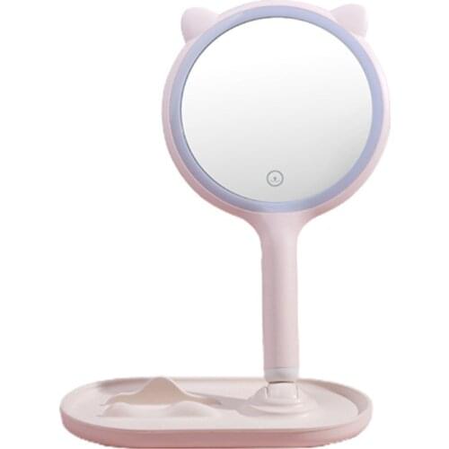 Handheld Led Double-sided Mirror 3 Color Electroless Plating Dimming Bright Desktop Round Vanity Mirror