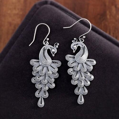 S925 Silver Accessories Retro Womens Peacock Ear Pendant