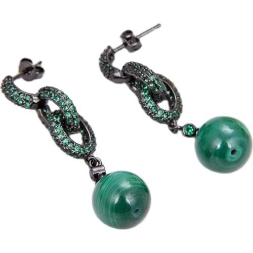 GG Jewelry Natural Genuine Round Green Malachite Green CZ Pave Gunmetal Color Plated Loop Stud Earrings Luxulry For Women