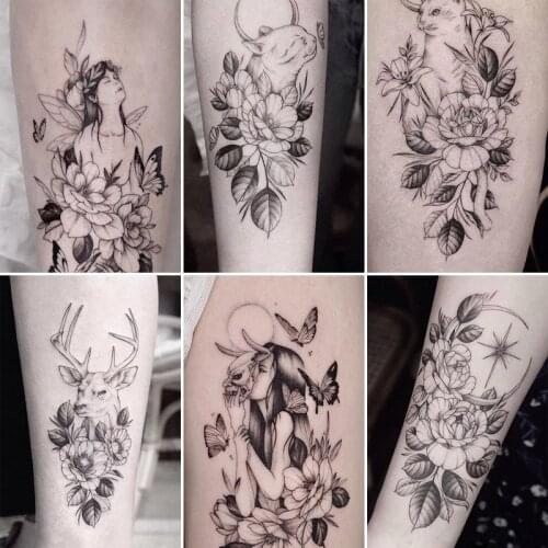 Waterproof Tattoo Sticker Plain Cat Deer Bird Fake Tattoo Fresh Style Temporary Tattoo Fashion Girl Stickers Flower Arm Body Art
