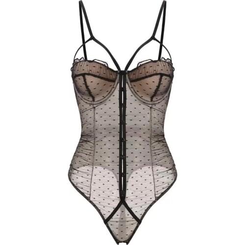 Wriufred Sexy temptation transparent mesh bodysuit one-piece female lingerie hollow lace corset pajamas