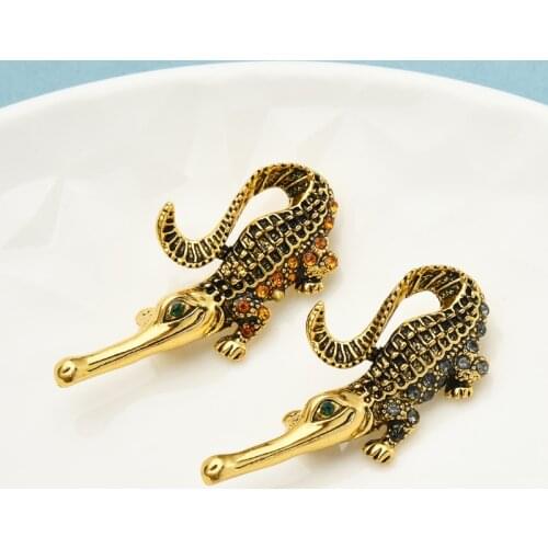Wuli&baby Cute Rhinestone Crocodile Brooches For Men Women Brown Black Rhinestone Alligator Animal Party Casual Brooch Pin Gifts