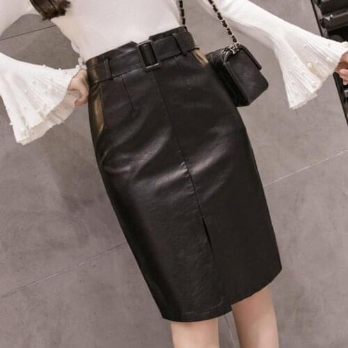 PU Leather Skirt Mid-Length 2020 Autumn Winter New Style High Waist Slits Slim A-line Thin Hip Skirt Fashion Temperament Skirt