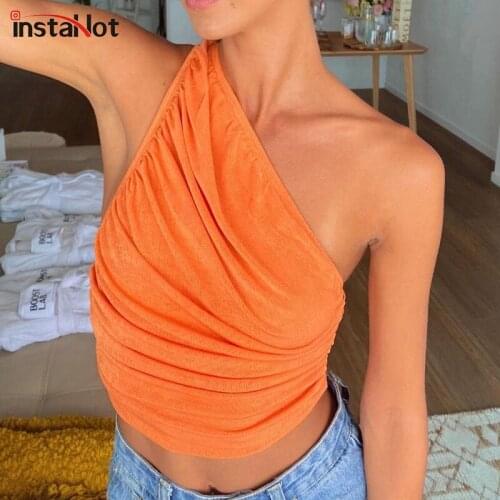 InstaHot Women Folds Asymmetrical Tank Top Sleeveless Backless Basic Casual Summer 2021 Female Cropped Top Slim Streetwear Tank