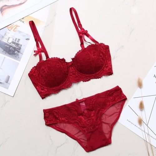 Women Lingerie Plus Size E Cup Red Bra Set Demi Half Cup Push Up Light Padded Bow Decoration Lingerie Women Mesh Panties