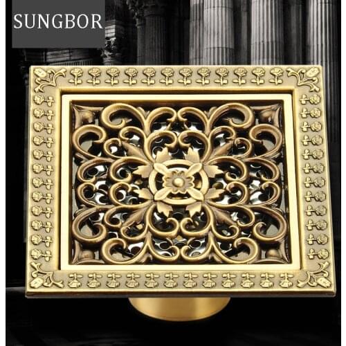 12x12cm Antique Brass Floor Drain Bathroom Shower Room Dual use Washing machine Drain Floor Waste Carved Drains Sanitary DL-0512