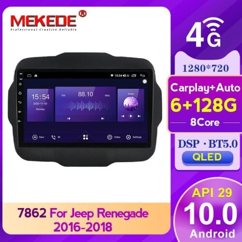 Octa Core 6GB+128GB QLED carplay Android 10 Car Radio Navigation GPS Player For Jeep Renegade 2014 - 2018 No 2 Din DVD