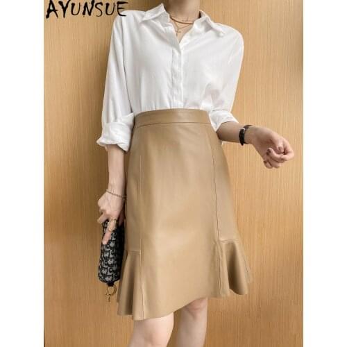 AYUNSUE 100% Sheepskin Leather Skirt Women High Quality Woman Skirts Midi Skirt High Waist Elegant Autumn 2020 Saias Mulher