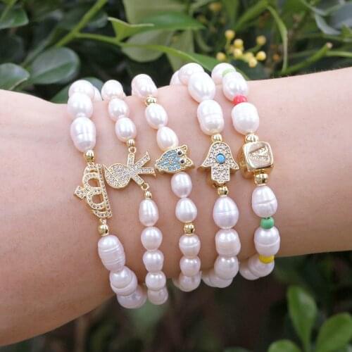 Fashion Natural Freshwater Pearl Evil Eye Bracelet Women Classic Heart/Hand Baroque Weave Pearl Charm Bangle For Women Jewelry