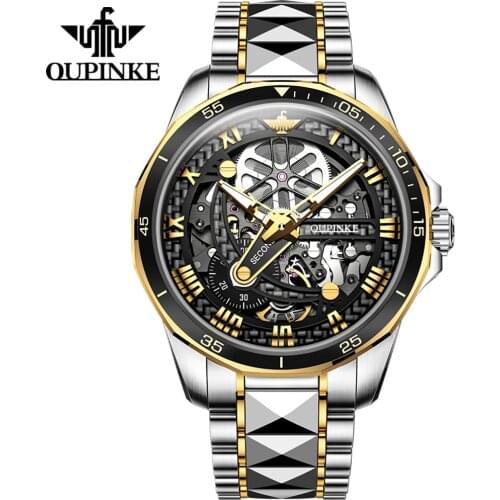 OUPINKE Automatic Watch Men Sapphire Glass Skeleton Menchanical Wristwatch Men Steampunk Tunsten steel Business Luxury watch
