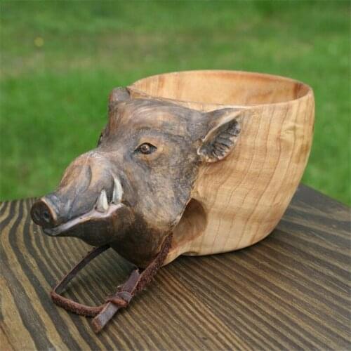 Wooden Mug Animal Shape Portable Camping Drinking Cup Hand Carved Outdoor Cup with Lanyard for Coffee Tea Milk jlrr