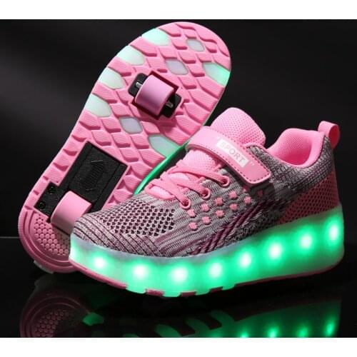 Children Two Wheels Luminous Glowing Sneakers Red Grey Pink Led Light Roller Skate Shoes Kids Led Shoes Boys Girls USB Charging