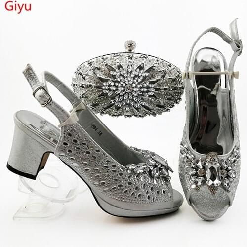 Doershow fashion Lady Italian Shoes and Bag Set African Shoes and Matching Bags Italian Nigerian silver Shoes and Bag HOU1-1