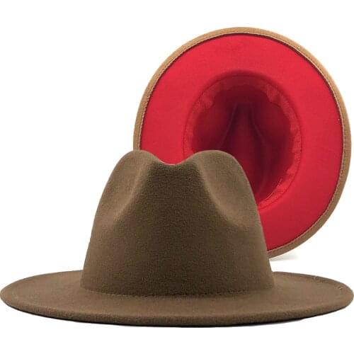 Hot Outer khaki Inner Red Wool Felt Jazz Fedora Hats with Thin Belt Buckle Men Women Wide Brim Panama Trilby Cap 56-58-60CM