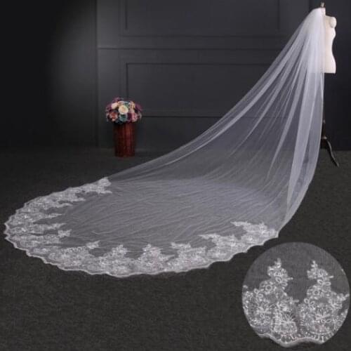 4m Luxury 1 Layer White/Ivory Cathedral Wedding Lace Sequins Applique Tulle Bridal Long Head Veil with Comb
