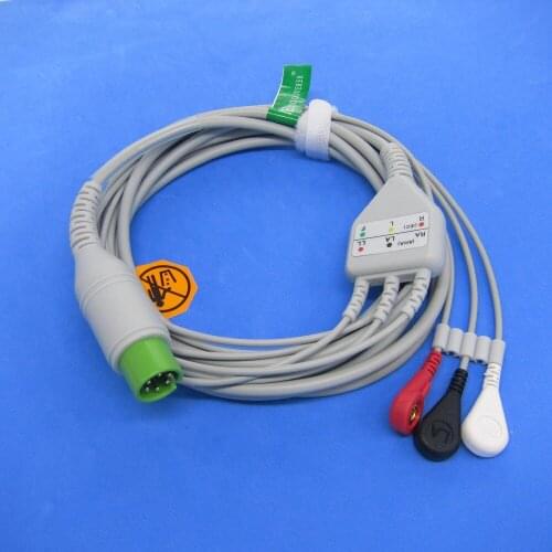 Ecg cable with 3leads SNAP and 6pin connector for china M&B paitent monitor