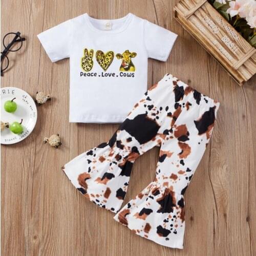 2 Pieces Fashion Summer Girls Suit Kids Suit Set Letter Print O-Neck Short Sleeve T shirt TopsTie-Dyed Flared Trousers Clothes