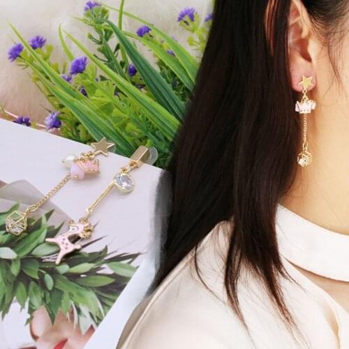 Korean Version Of Personality Asymmetric Cartoon Deer Earrings Female Temperament Wild Star Crown Crystal Tassel Earrings