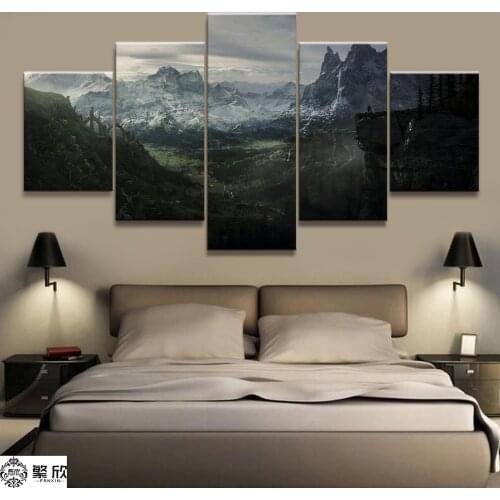 Home Decor Modular Canvas Picture 5 Piece Elder Scrolls V Skyrim Game Painting Poster Wall For Home Canvas Painting Wholesale