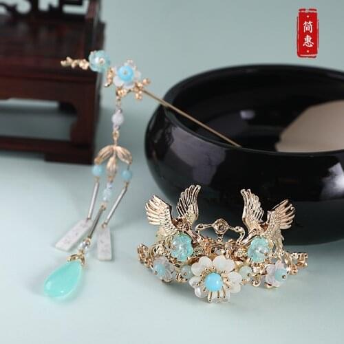 Set of hanfu Chinese vintage blue stone tassel handmade hairpin hair sticks clip crown accessories Headwear for COSPLAY