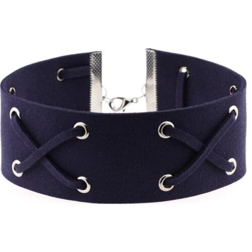 Neo Gothic Hippie Handmade Black Deep Navy Blue Leather Wrap X Lobster Charm Adjustable Choker Woman Necklace Daily Jewelry