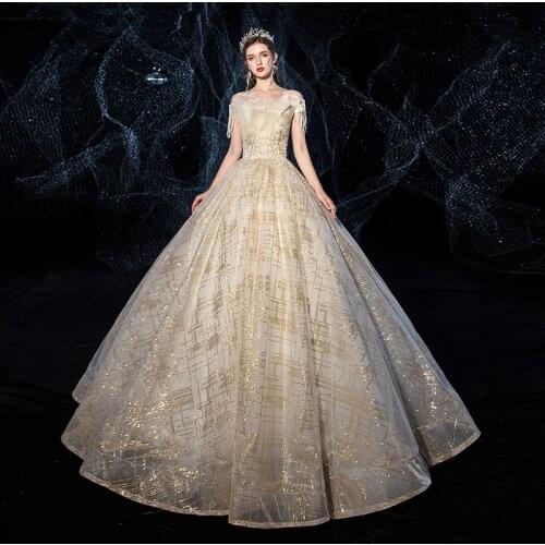 Luxury Champagne Wedding Dress Shining Sequins Boat Neck Ball Gown Off The Shoulder Bridal Dress Vestidos De Novia 2021