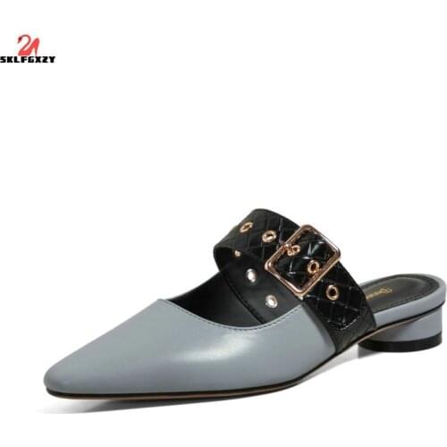 SKLFGXZY 2021 New Style Summer Women Genuine Leather Slippers Low Cylinder with Metal Buckle Cowhide Slippers Womens Shoes