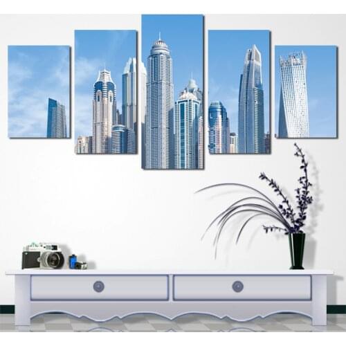 Modern Style 5 High-rise Posters With Blue Sky And White Clouds, Canvas Posters, High-definition Printed Living Room Decoration