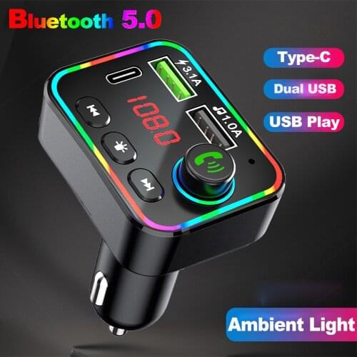 Type-C Charger In-Car Dual USB Bluetooth 5.0 FM Transmitter Support USB Pendrive music playing Audio Receiver Handsfree Kit