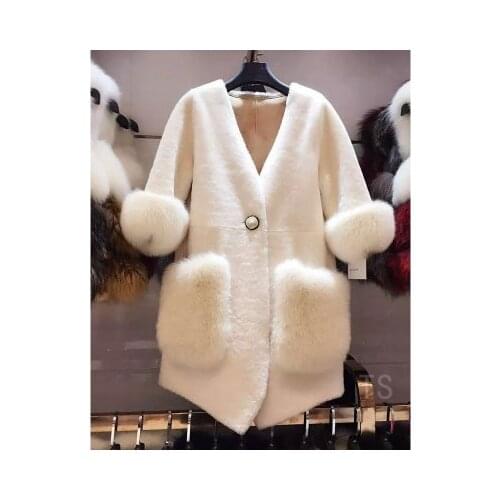 Fur lamb wool cashmere cuff pocket fox fur coat female