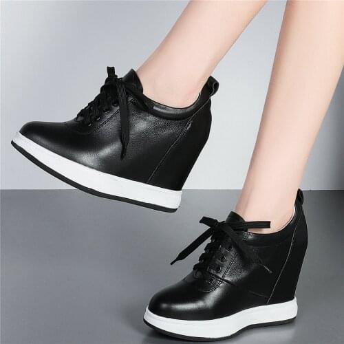 11cm High Heel Fashion Sneakers Women Lace Up Genuine Leather Wedges Ankle Boots Female Round Toe Platform Oxfords Casual Shoes