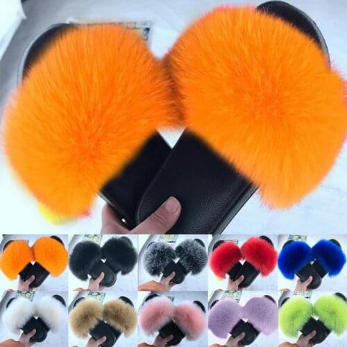 2021 Women Furry Slippers Ladies Shoes Cute Plush Fox Hair Fluffy Sandals Womens Fur Slippers Winter Warm Slippers