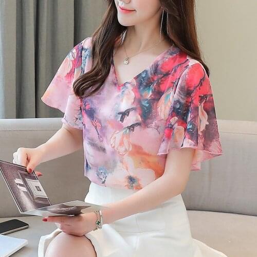 Womens Spring Summer Style Chiffon Blouses Shirt Womens V-neck Ruffles Printed Elegant Tops SP253