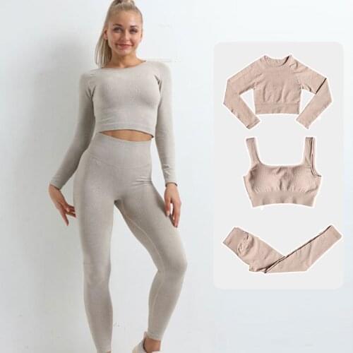 Women Seamless Fitness Yoga Suit Knitt Workout Long Sleeve Crop Top Sports Bra High Waist Running Leggings Gym Clothing 2/3Pcs