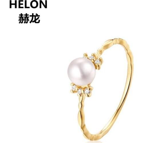 Freshwater Pearl Ring Women Natural Diamonds Engagement Wedding Ring Solid 14k Yellow Gold Valentines day Christmas gift