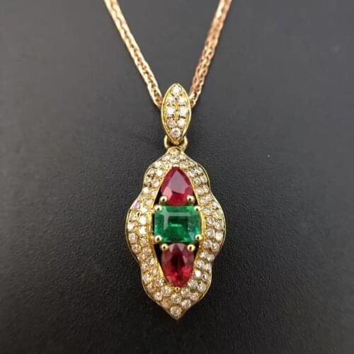18K Gold 0.808ct Natural Ruby And Emerald Pendant Necklace 0.336ct Diamond Encrusted Fine Jewelry sapphire-jewelry