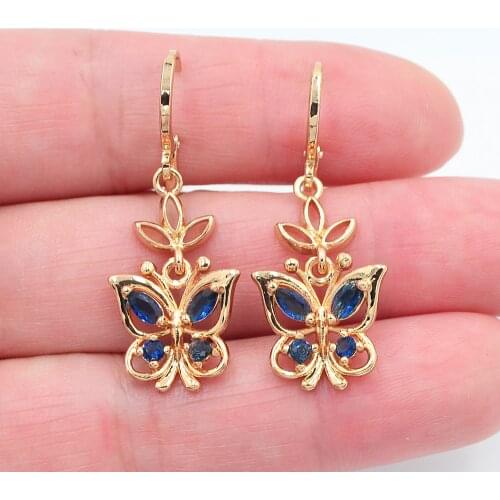 Gold Color Women Fashion Blue Zirconia CZ Butterfly Dangle Earrings Jewelry