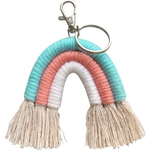 1pc Macrame Rainbow Keychains Boho Bag Charms Tassels Hand Weave Cotton Car Key Purse Wallet Hanging Decorations