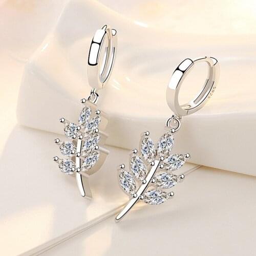 2021 New 925 Sterling Silver Crystal Leaf Charm Stud Earrings For Women Girl Elegant Wedding Jewelry Prevent Allergy eh1079