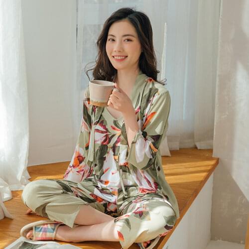 3Pcs/set Spring Summer Women Cotton Silk Pajams Home Suit Flower Print Sleepwear Sexy V-Neck Cami Pyjamas Female Home Nightwear