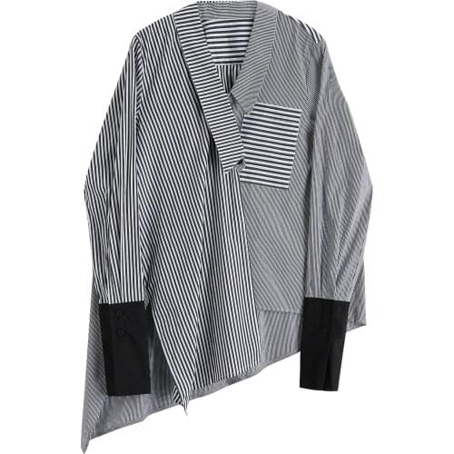 Womens spring autumn long sleeve black patchwork chic irregular striped shirt female vintage loose blouse top TB4040